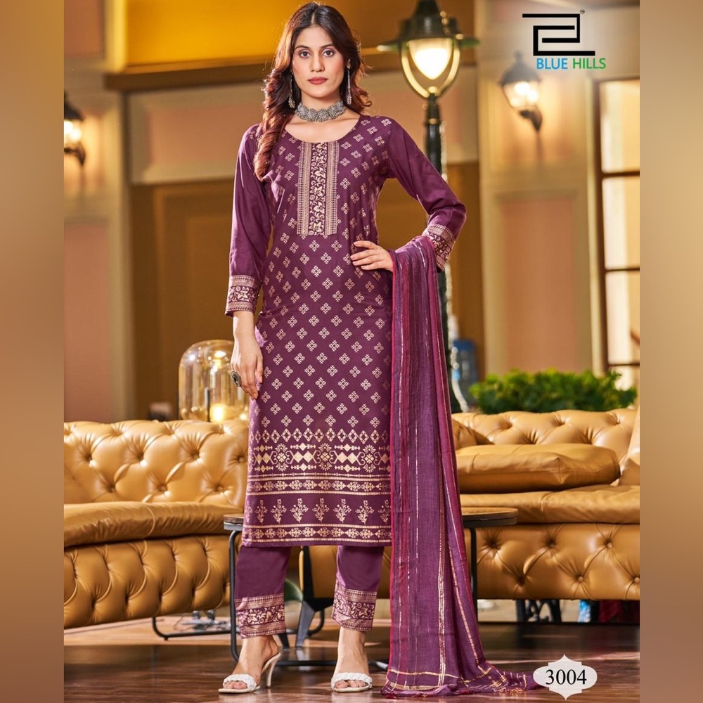 Foil Print Rayon Purple Designer Salwar Kameez